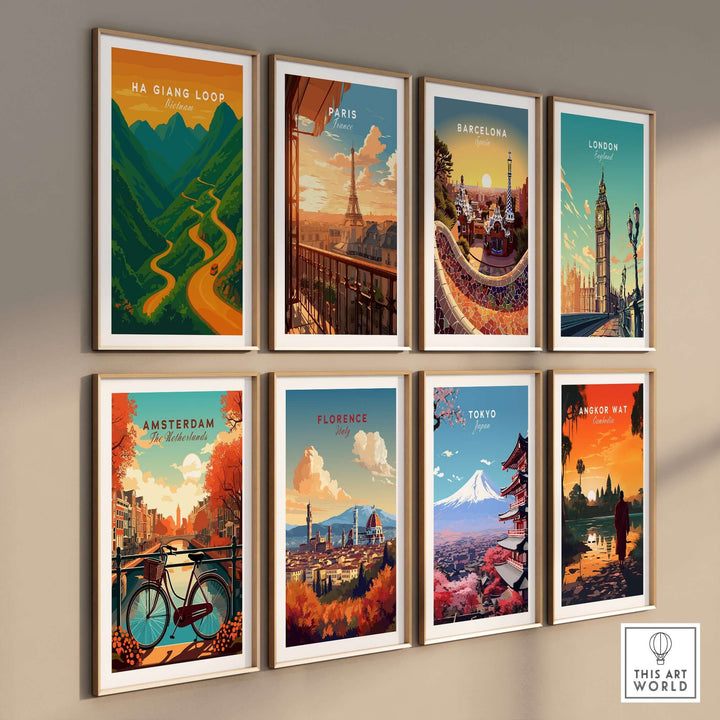 Gallery wall showcasing travel posters including Ha Giang Loop, Paris, Barcelona, and more.