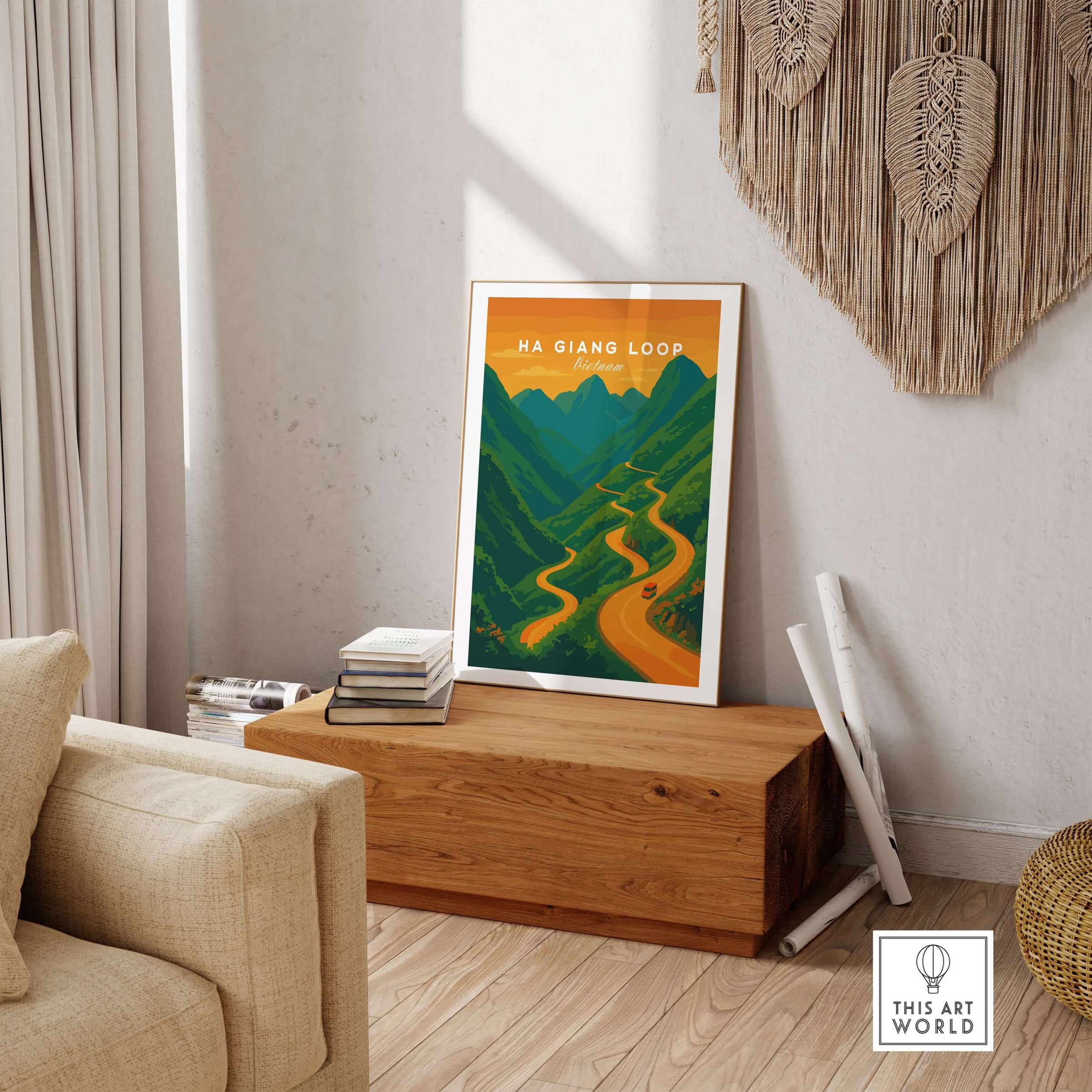 Ha Giang Loop Vietnam Travel Print Mountain Road Sunset Poster Landscape Wall Art displayed in a cozy living room.