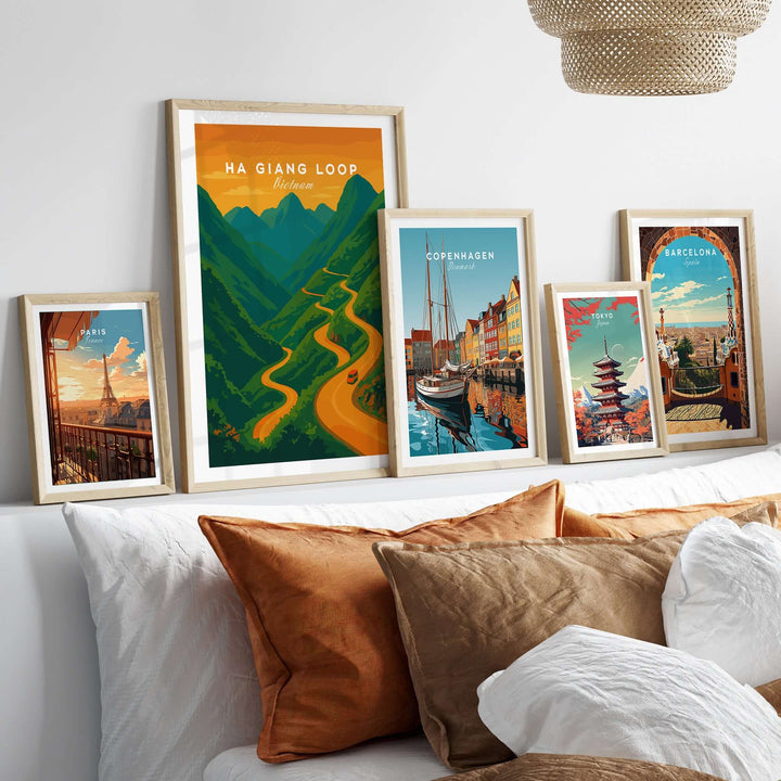 Ha Giang Loop Vietnam travel print poster showcasing winding mountain road and sunset, framed wall art in stylish decor.