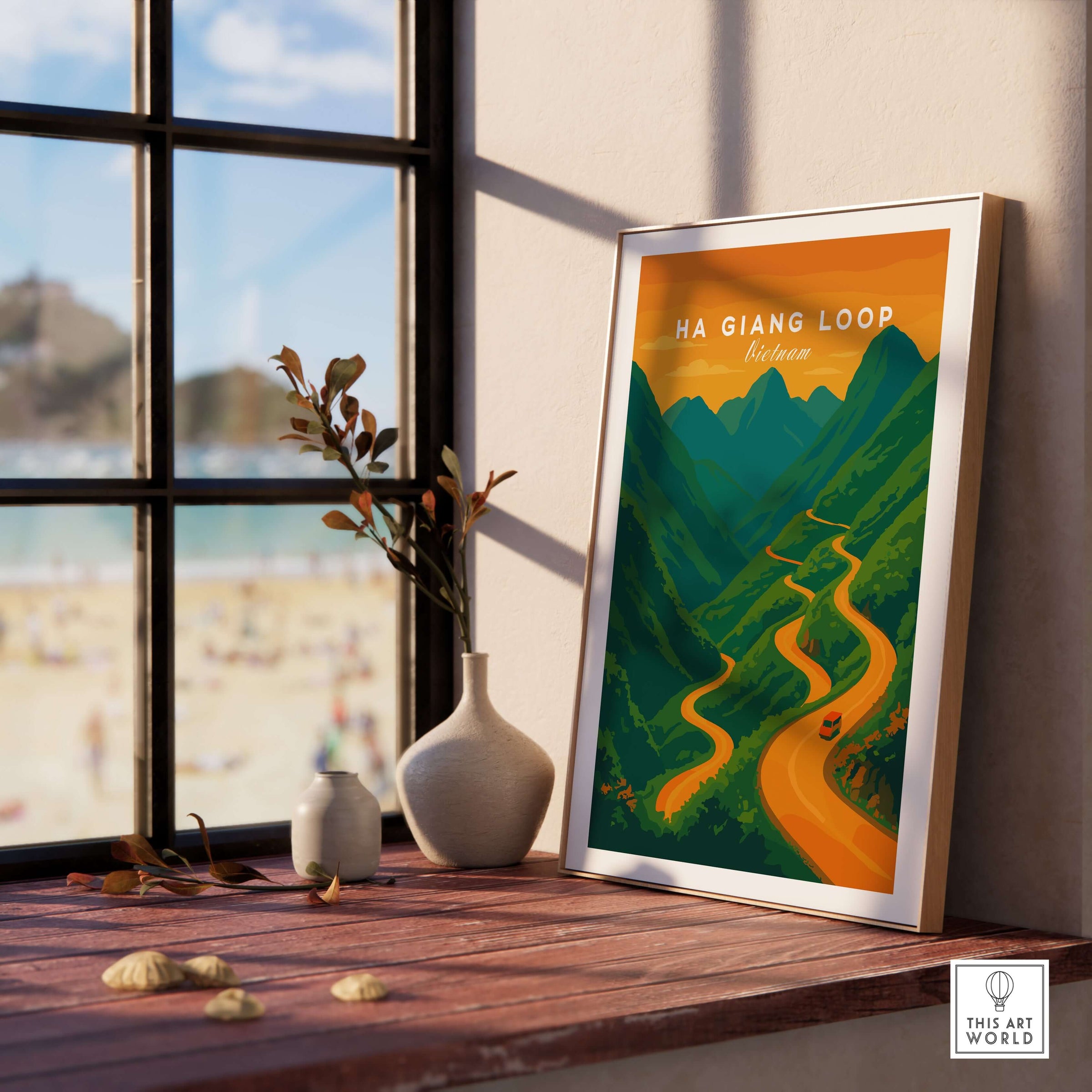 Ha Giang Loop Vietnam Travel Print Mountain Road Sunset Poster Landscape Wall Art on a shelf with a scenic view.