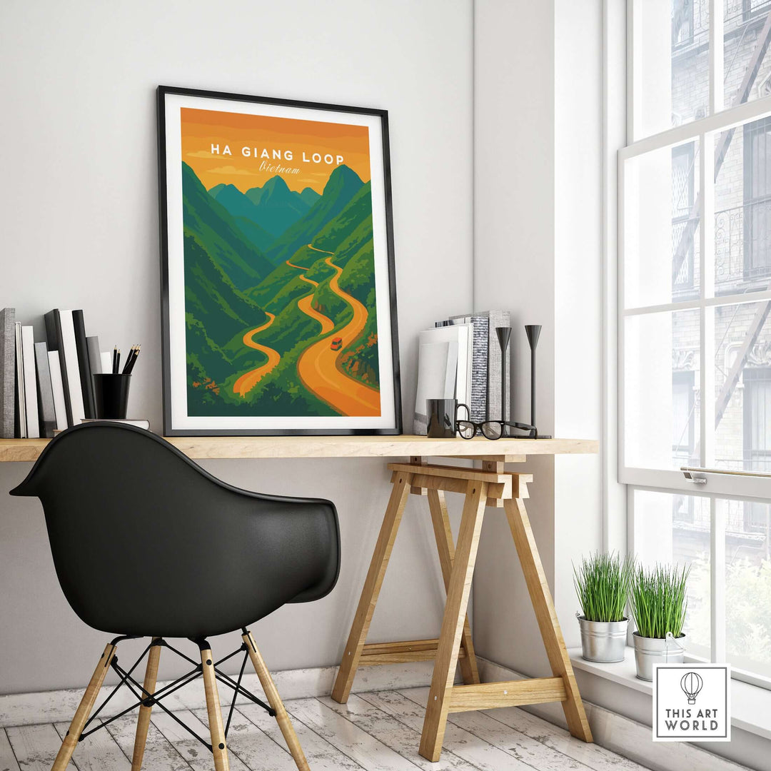 Ha Giang Loop Vietnam travel print poster featuring a winding mountain road and lush green valleys in sunset decor.