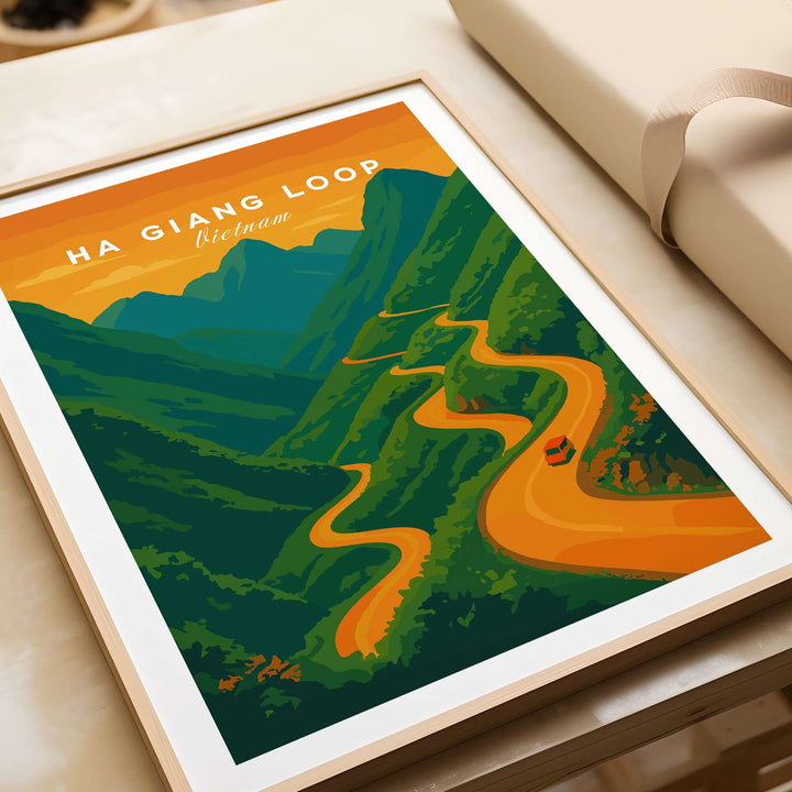 Ha Giang Loop Vietnam travel print featuring a winding mountain road under a vibrant sunset sky.