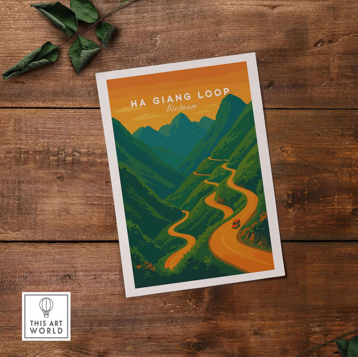 Ha Giang Loop Vietnam poster with winding road and mountains, capturing scenic landscape and sunset hues.