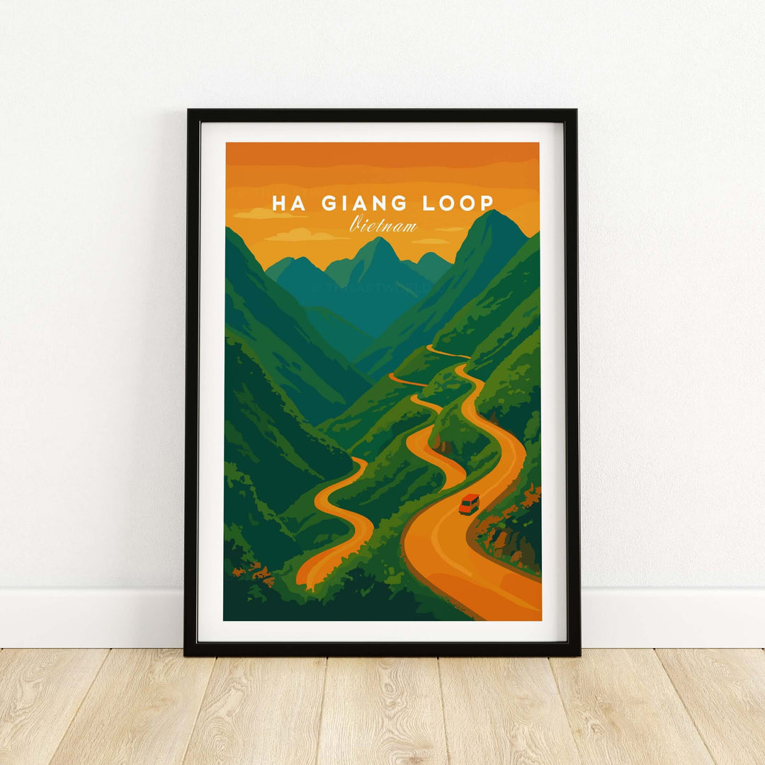 Ha Giang Loop Vietnam travel poster featuring winding mountain road and lush greenery under a sunset sky.