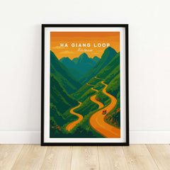 Ha Giang Loop Vietnam Travel Print Mountain Road Sunset Poster Landscape Wall Art in a framed display.