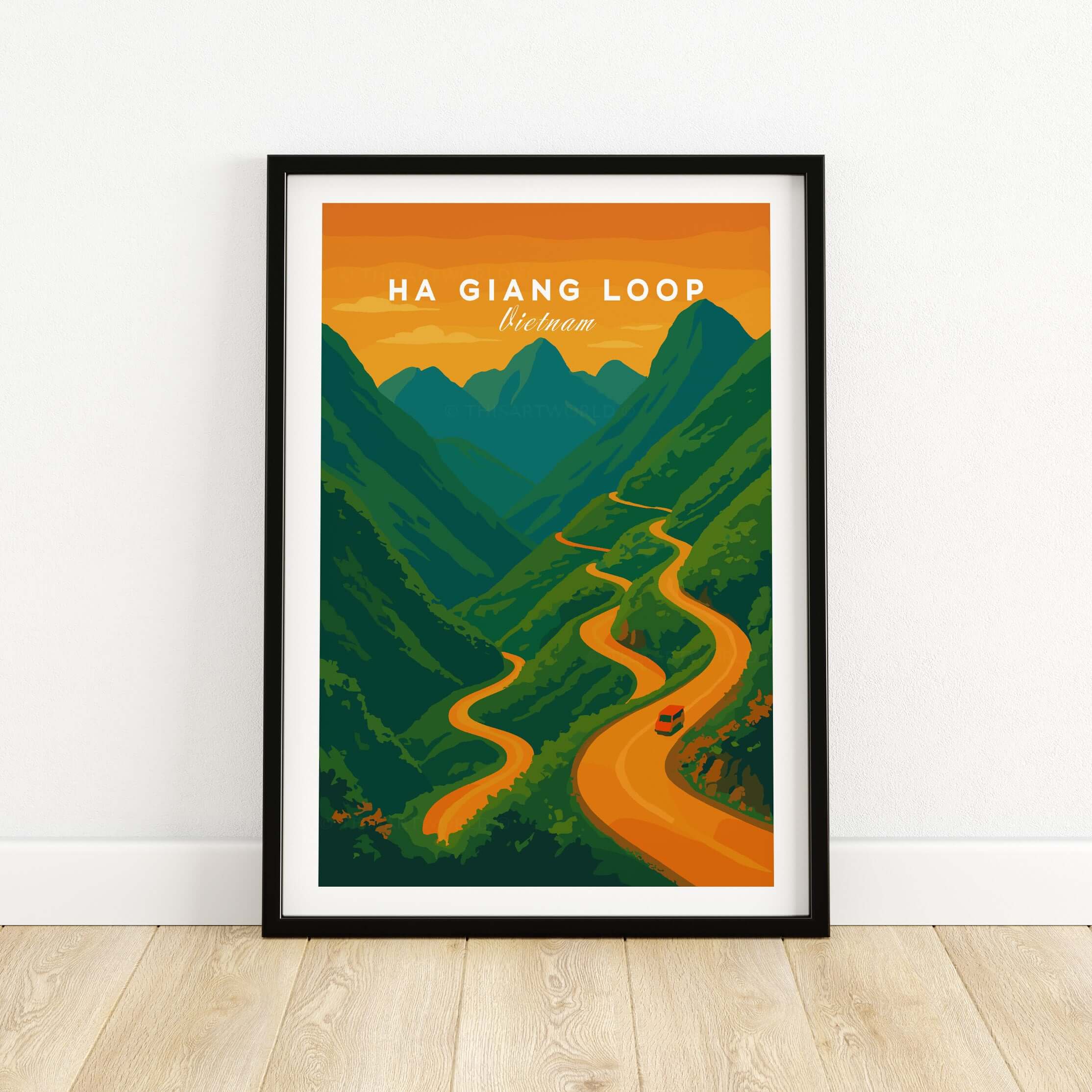 Ha Giang Loop Vietnam Travel Print Mountain Road Sunset Poster Landscape Wall Art in a framed display.