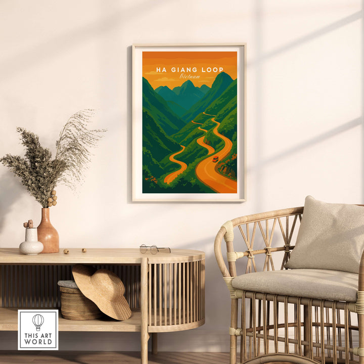Ha Giang Loop Vietnam travel print poster showcasing a winding mountain road under a sunset sky, perfect wall art.