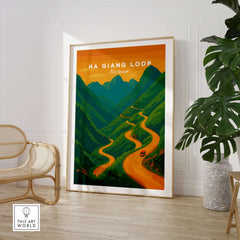 Ha Giang Loop Vietnam Travel Print Mountain Road Sunset Poster Landscape Wall Art showcasing a winding road through green mountains.