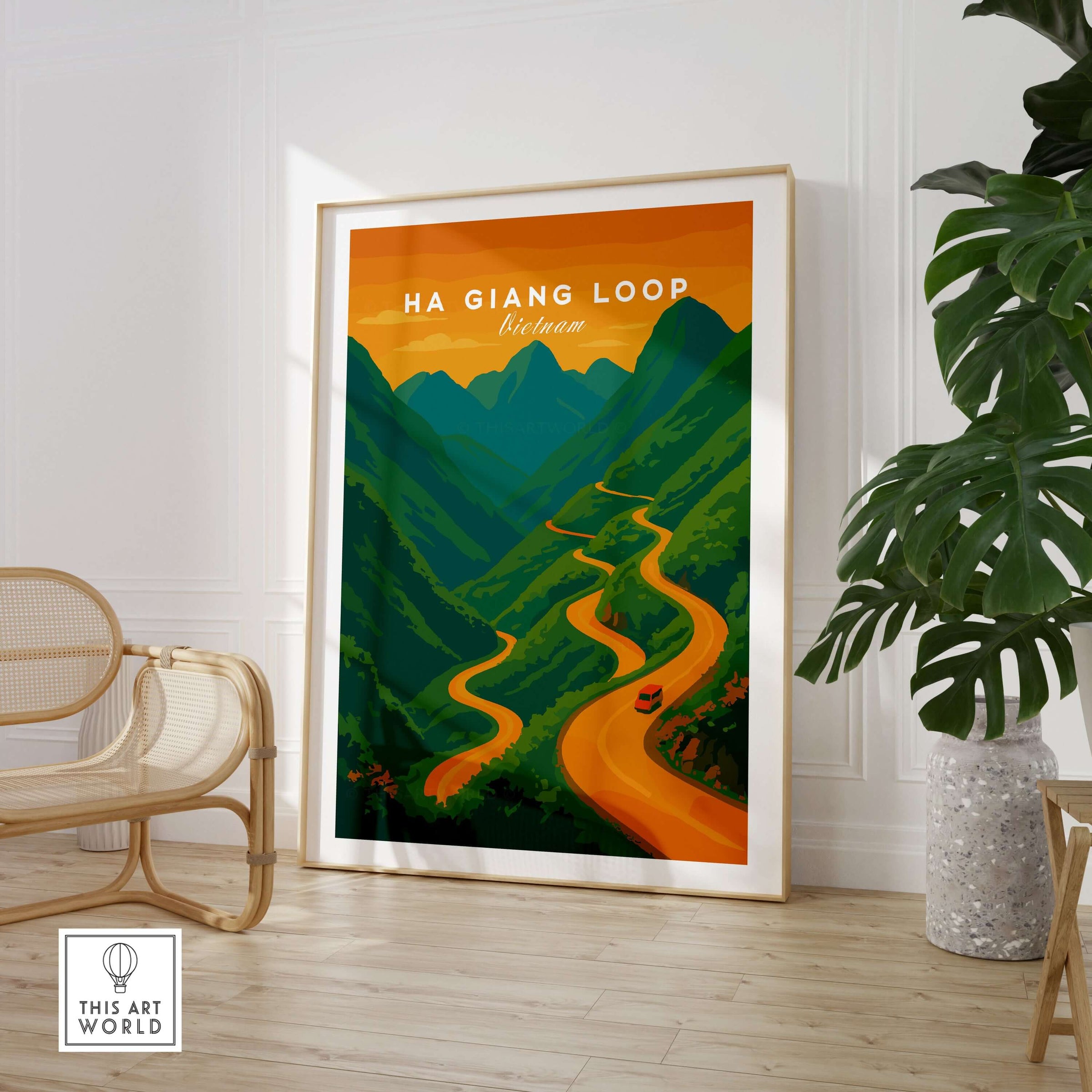 Ha Giang Loop Vietnam Travel Print Mountain Road Sunset Poster Landscape Wall Art showcasing a winding road through green mountains.