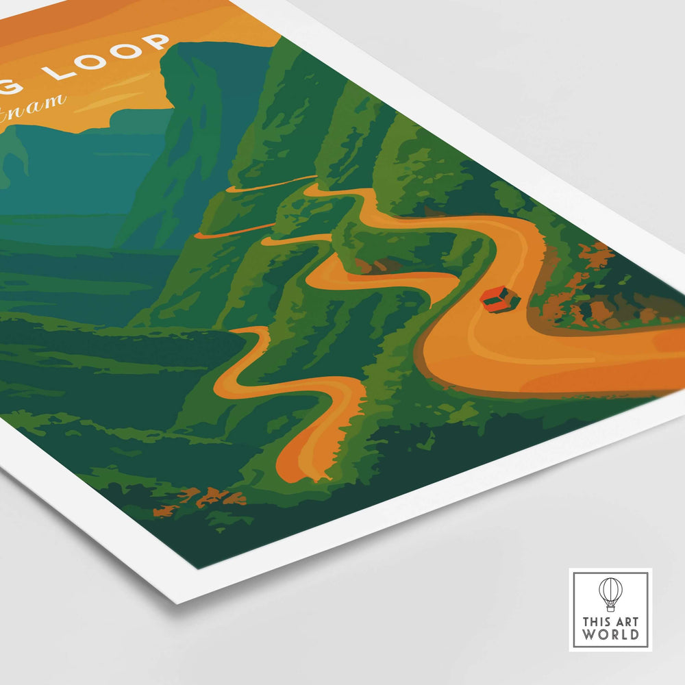 Ha Giang Loop Vietnam wall art poster featuring a winding mountain road under a warm sunset.