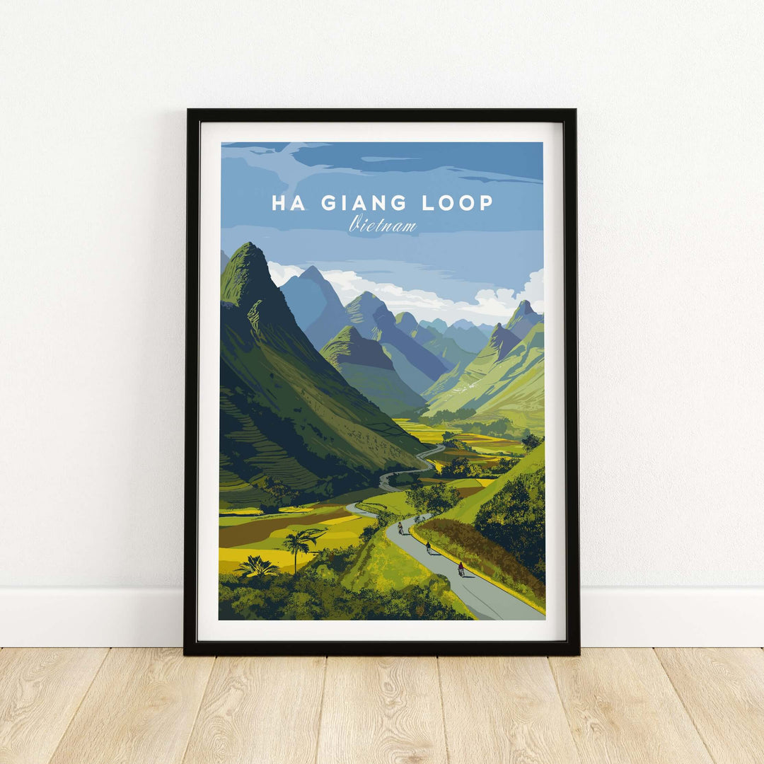 Ha Giang Loop Vietnam travel print featuring lush valleys, mountains, and a winding road in vibrant colors.