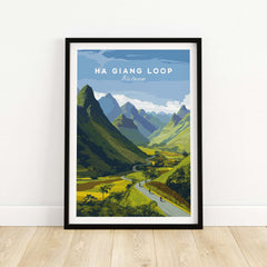 Ha Giang Loop Vietnam Travel Print Wide Valley Poster Motorbike River Landscape Art showcasing green mountains and scenic valley.