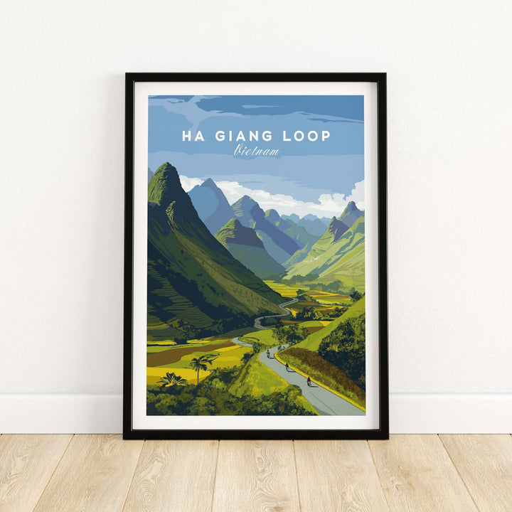 Ha Giang Loop Vietnam travel print featuring lush valleys, mountains, and a winding road in vibrant colors.