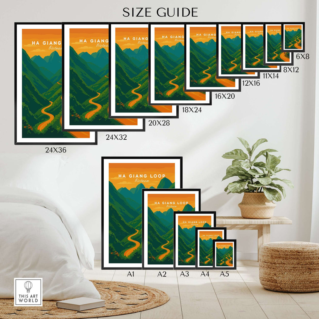 Size guide for Ha Giang Loop Vietnam travel print posters showcasing various dimensions and mountain road landscape design.