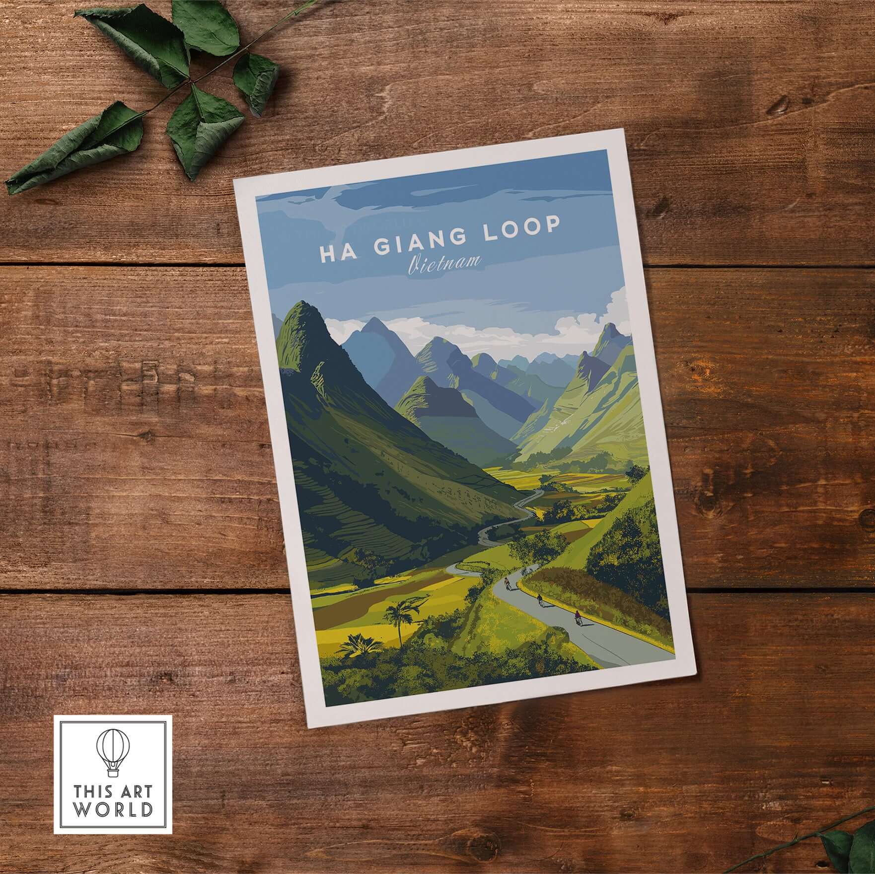 Ha Giang Loop Vietnam Travel Print Wide Valley Poster Motorbike River Landscape Art showcasing mountains and river.