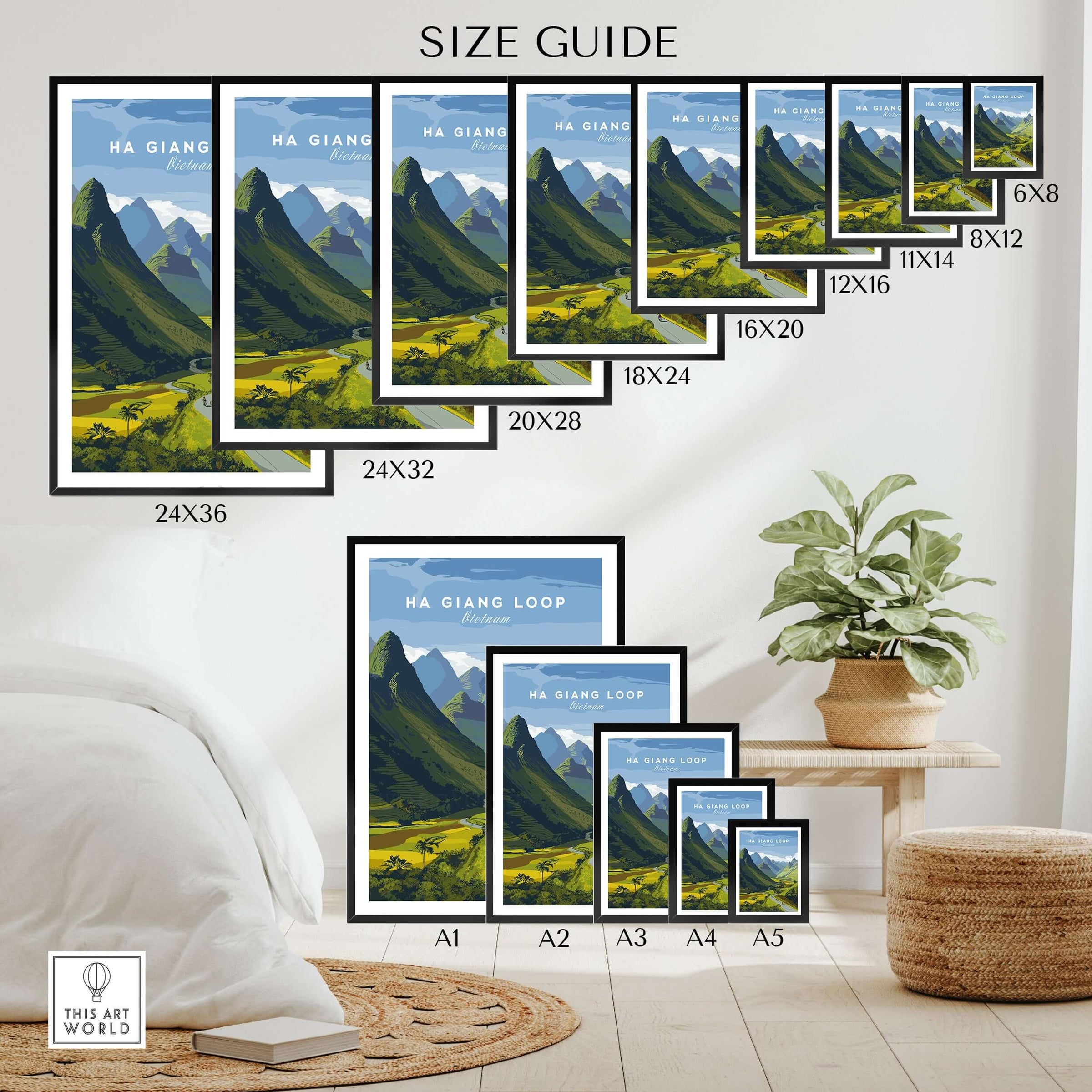 Ha Giang Loop Vietnam Travel Print Wide Valley Poster Motorbike River Landscape Art size guide showing various frame sizes.