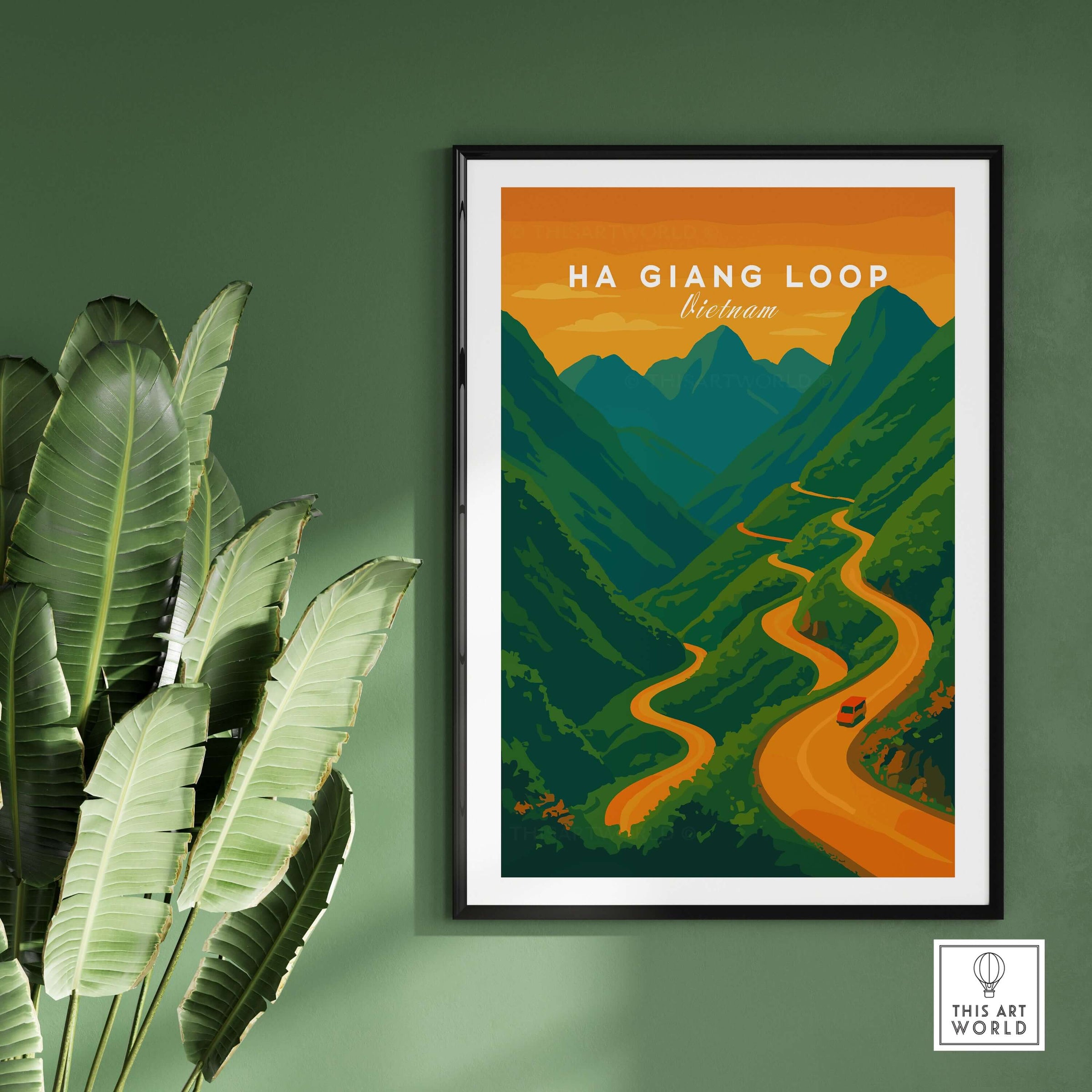 Ha Giang Loop Vietnam Travel Print Mountain Road Sunset Poster Landscape Wall Art in a modern framed display.