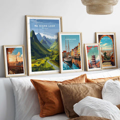 Ha Giang Loop Vietnam Travel Print Wide Valley Poster Motorbike River Landscape Art displayed on a stylish wall.