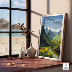 Ha Giang Loop Vietnam Travel Print Wide Valley Poster Motorbike River Landscape Art displayed in a cozy interior.
