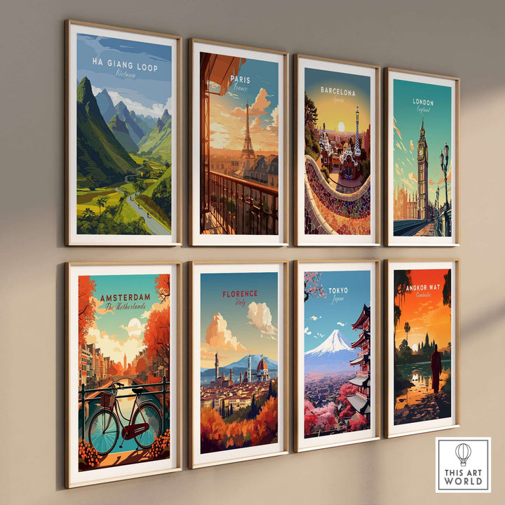 Collection of travel posters including Ha Giang Loop, Paris, Barcelona, London, Amsterdam, Florence, Tokyo, Angkor Wat.