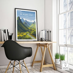 Ha Giang Loop Vietnam Travel Print Wide Valley Poster Motorbike River Landscape Art in a modern interior setting.