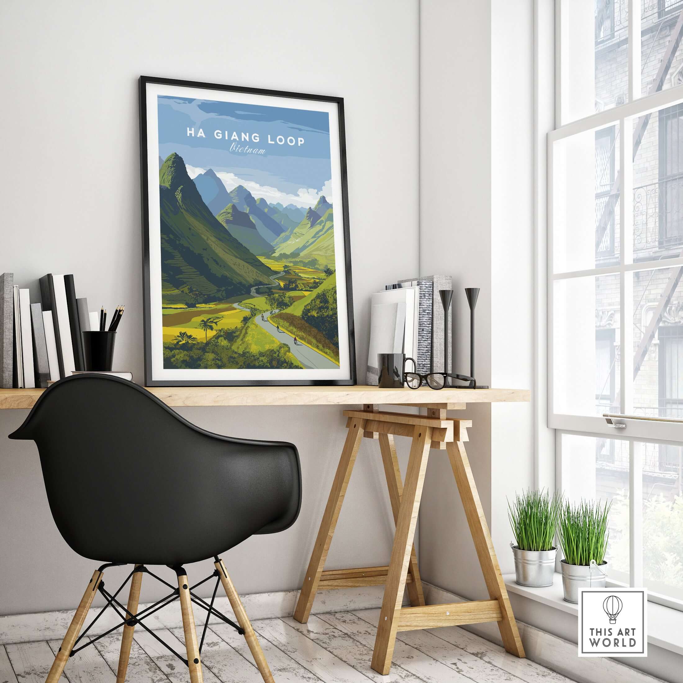 Ha Giang Loop Vietnam Travel Print Wide Valley Poster Motorbike River Landscape Art in a modern interior setting.