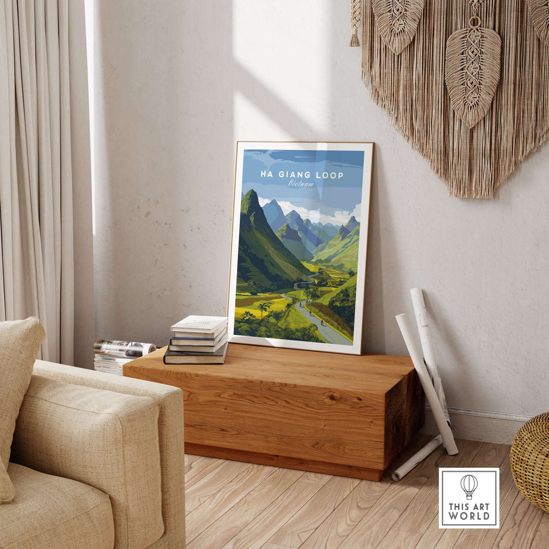 Ha Giang Loop Vietnam poster showcasing motorbikes and river in a wide valley with mountains under a bright sky.