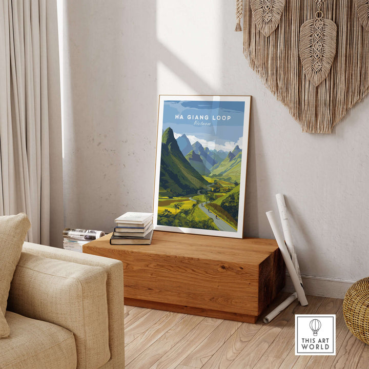Ha Giang Loop Vietnam poster showcasing motorbikes and river in a wide valley with mountains under a bright sky.