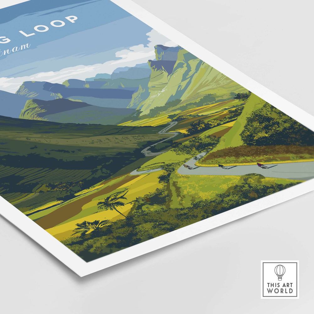 Ha Giang Loop Vietnam travel print featuring a winding road amidst lush mountains and fields in vibrant colors.