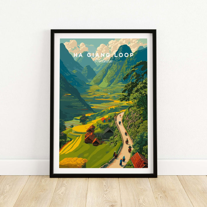 Ha Giang Loop Vietnam poster featuring motorbikes in a lush valley with mountains and traditional houses.