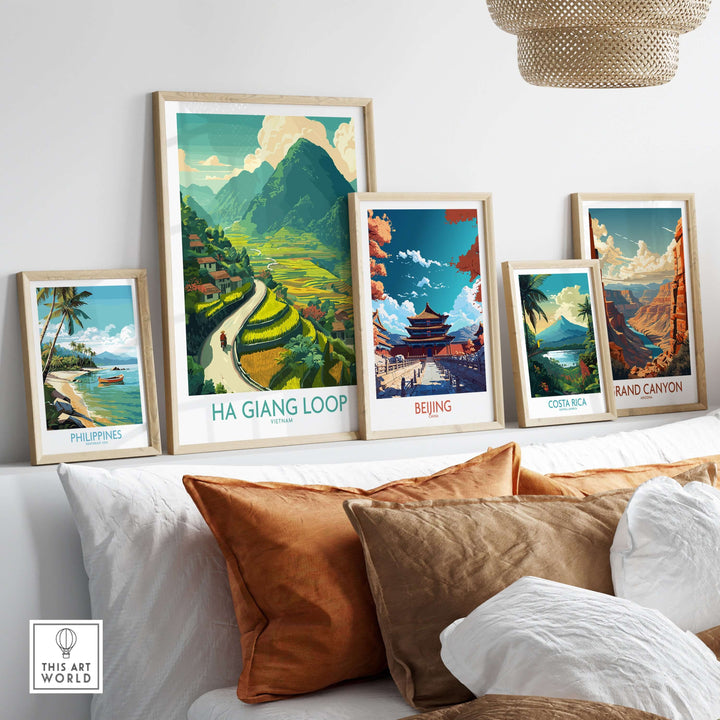Travel posters featuring Ha Giang Loop, Beijing, Philippines, Costa Rica, and Grand Canyon in a cozy interior setting.