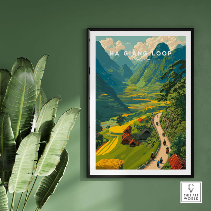 Ha Giang Loop Vietnam travel print depicting motorbikes in lush valley scenery with mountains and clouds.