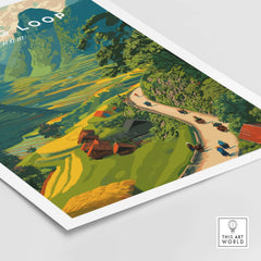 Ha Giang Loop Vietnam Valley Village Travel Print Motorbikes Poster Mountain Scenery with lush fields and winding road.