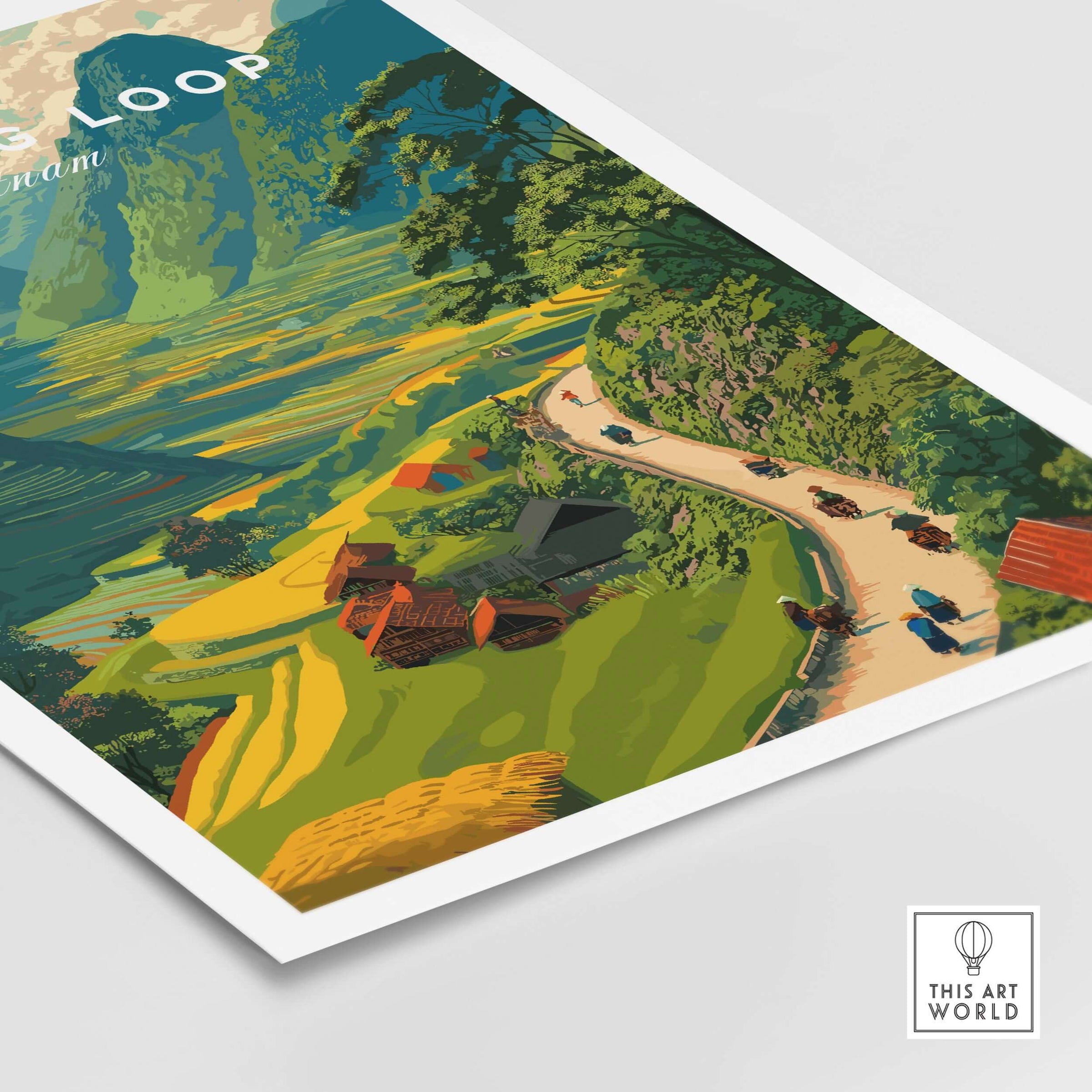 Ha Giang Loop Vietnam Valley Village Travel Print Motorbikes Poster Mountain Scenery with lush fields and winding road.