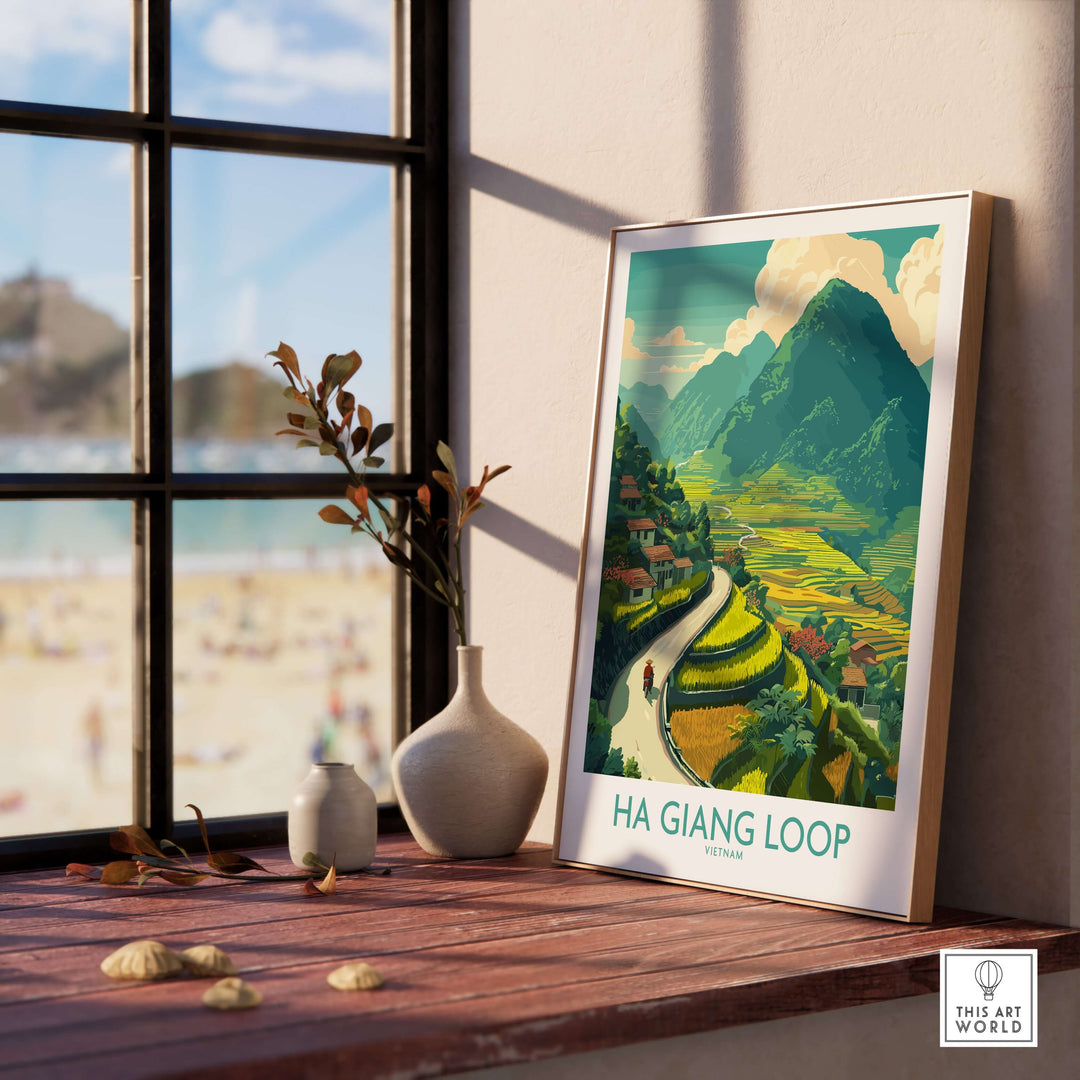 Ha Giang Loop Vietnam travel print showcasing lush mountains and rice terraces in a stylish interior setting.
