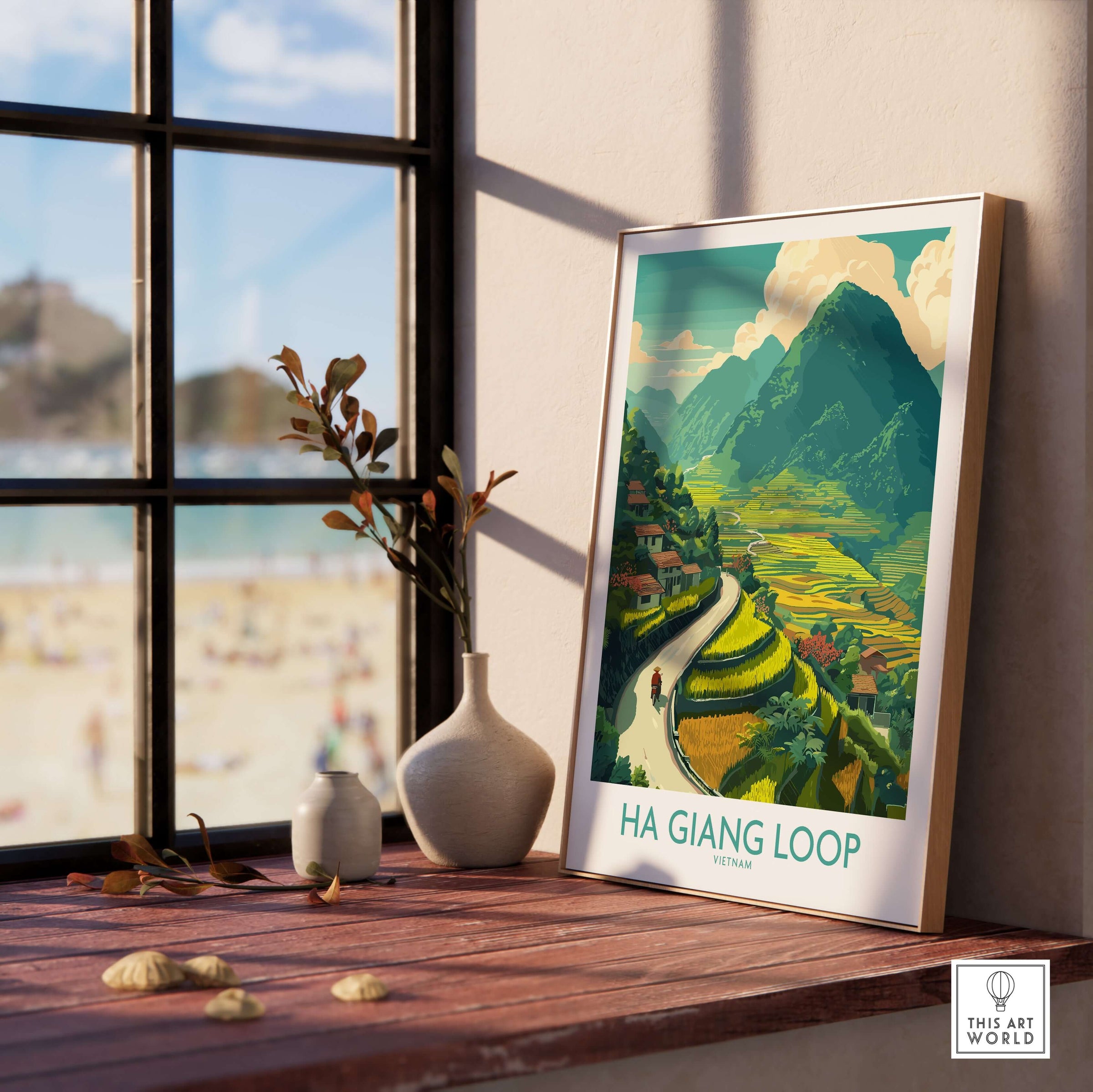 Ha Giang Loop Vietnam Valley Village Travel Print Motorbikes Poster Mountain Scenery displayed in a stylish interior setting.