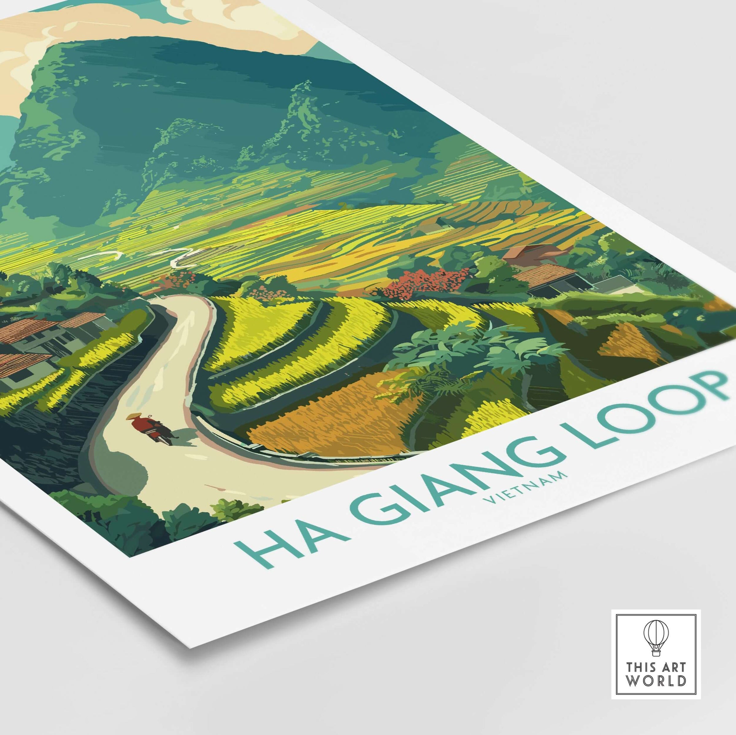 Ha Giang Loop Vietnam Valley Village Travel Print Motorbikes Poster Mountain Scenery in vibrant landscape illustration.