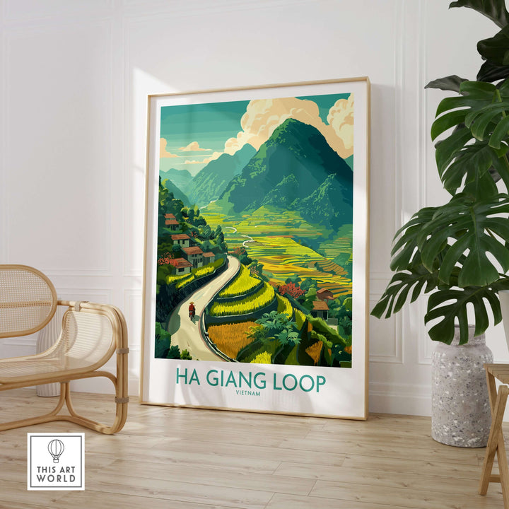 Ha Giang Loop Vietnam poster featuring terraced rice paddies, mountains, and a motorcyclist in vibrant colors.