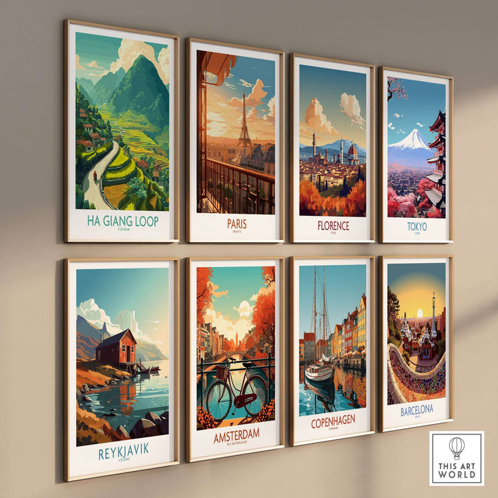 Colorful travel print posters featuring iconic scenes from Ha Giang Loop, Paris, Florence, Tokyo, Reykjavik, Amsterdam, Copenhagen, and Barcelona.