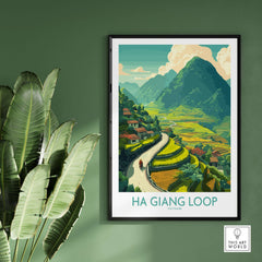 Ha Giang Loop Vietnam Valley Village Travel Print Motorbikes Poster Mountain Scenery showcasing vibrant landscapes.