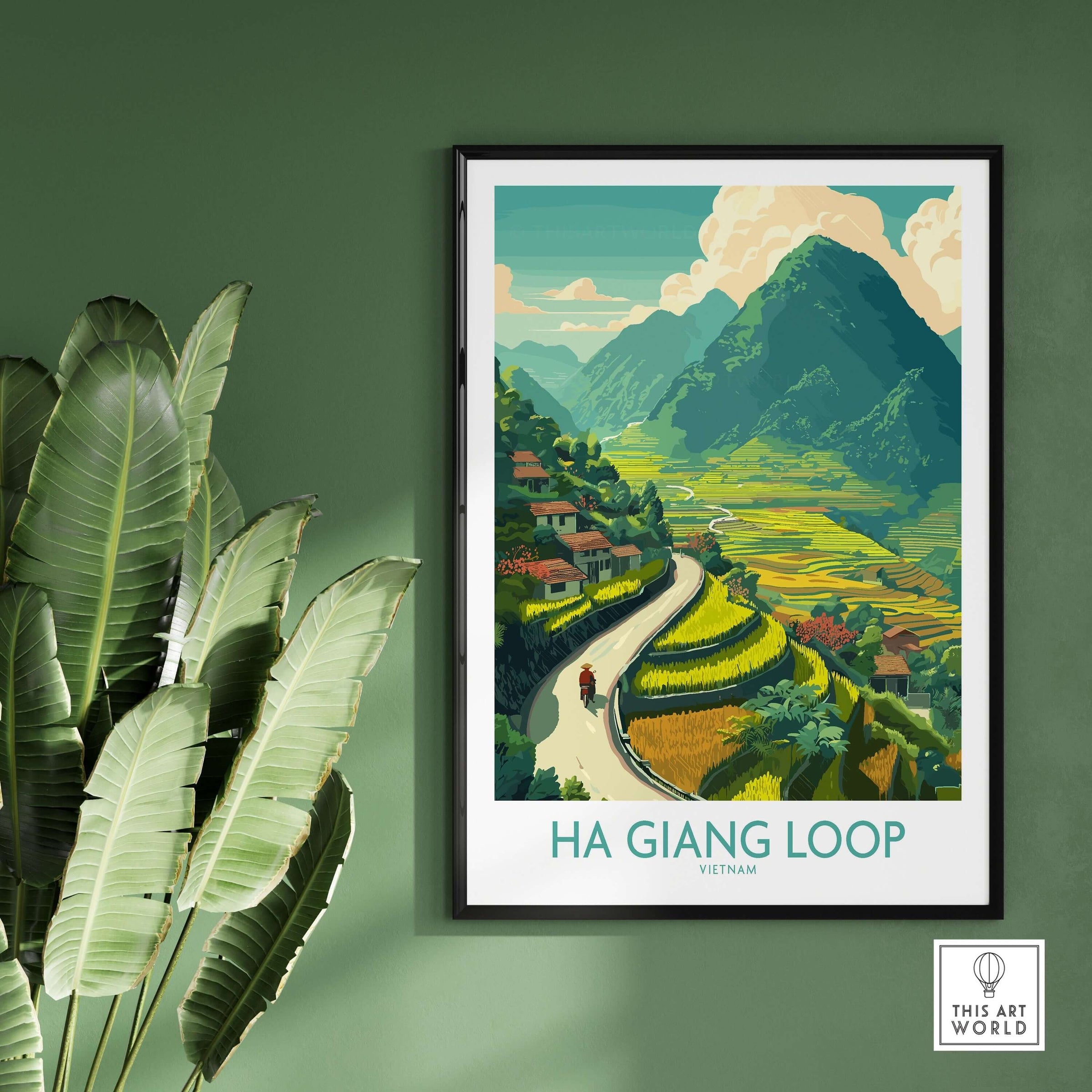 Ha Giang Loop Vietnam Valley Village Travel Print Motorbikes Poster Mountain Scenery showcasing vibrant landscapes.