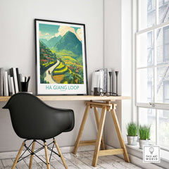 Ha Giang Loop Vietnam Valley Village Travel Print Motorbikes Poster Mountain Scenery in a stylish office setting.