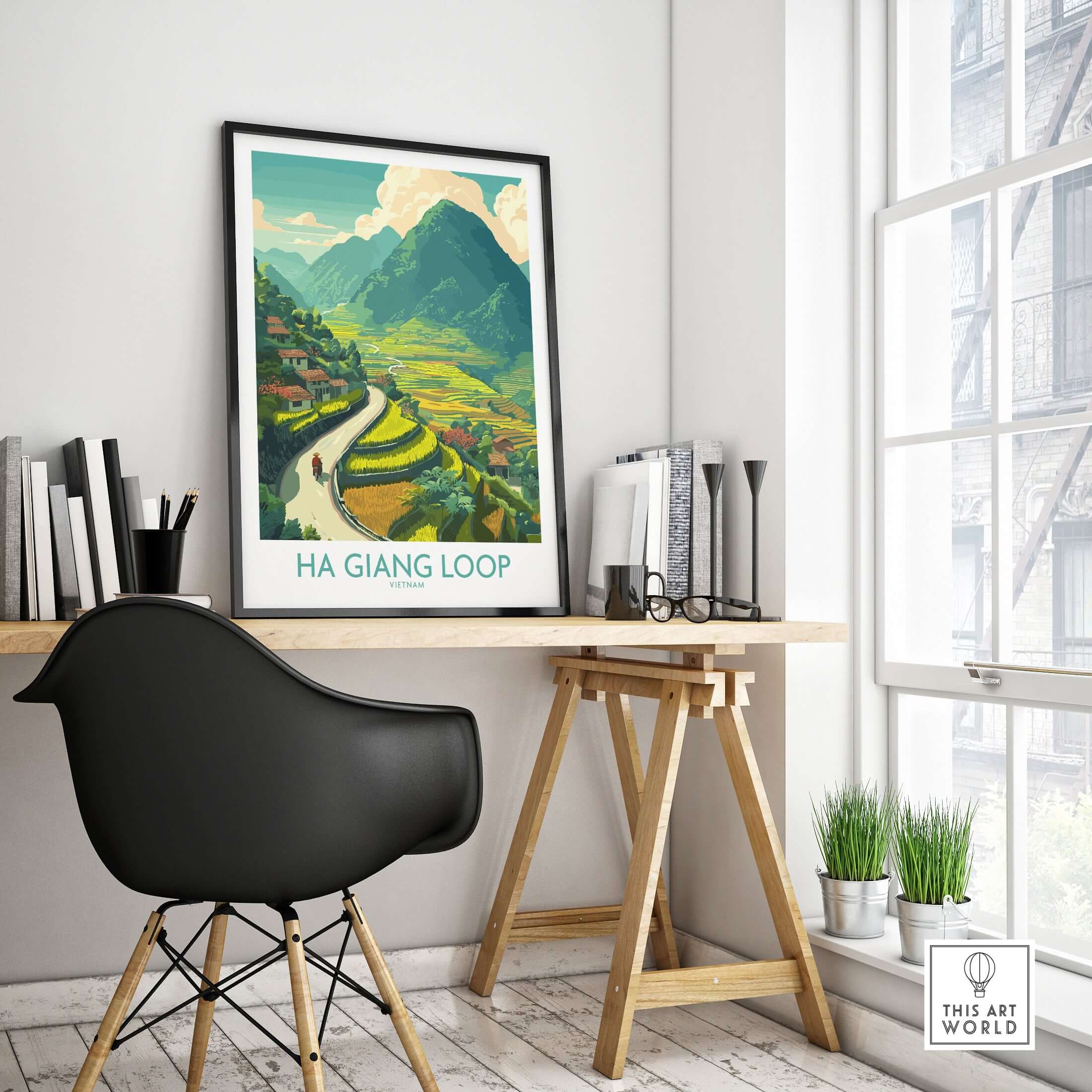 Ha Giang Loop Vietnam Valley Village Travel Print Motorbikes Poster Mountain Scenery in a stylish office setting.