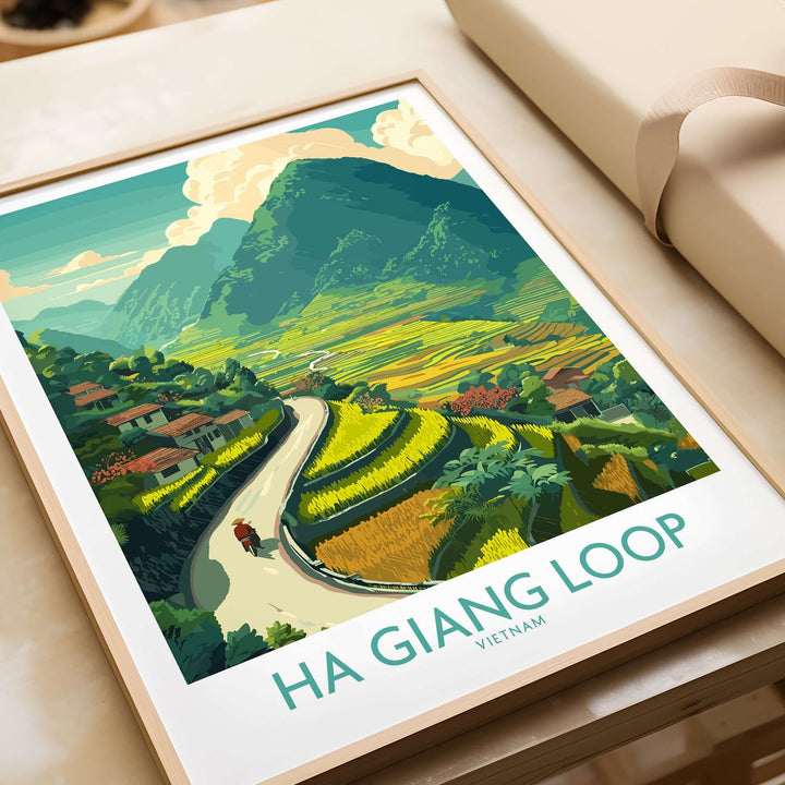 Vibrant Ha Giang Loop poster featuring terraced rice paddies, mountains, and a winding road in Vietnam.
