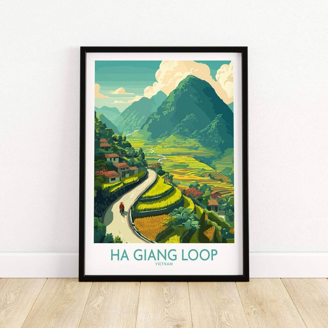 Colorful Ha Giang Loop poster featuring terraced rice paddies and mountains in Vietnam's landscape.