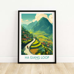 Ha Giang Loop Vietnam Valley Village Travel Print Motorbikes Poster Mountain Scenery showcasing Vietnam's stunning landscape.