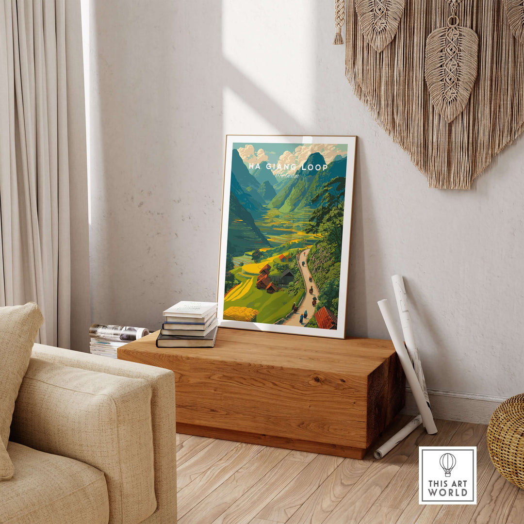Ha Giang Loop Vietnam travel print featuring motorbikes and lush mountain scenery in a cozy home setting.