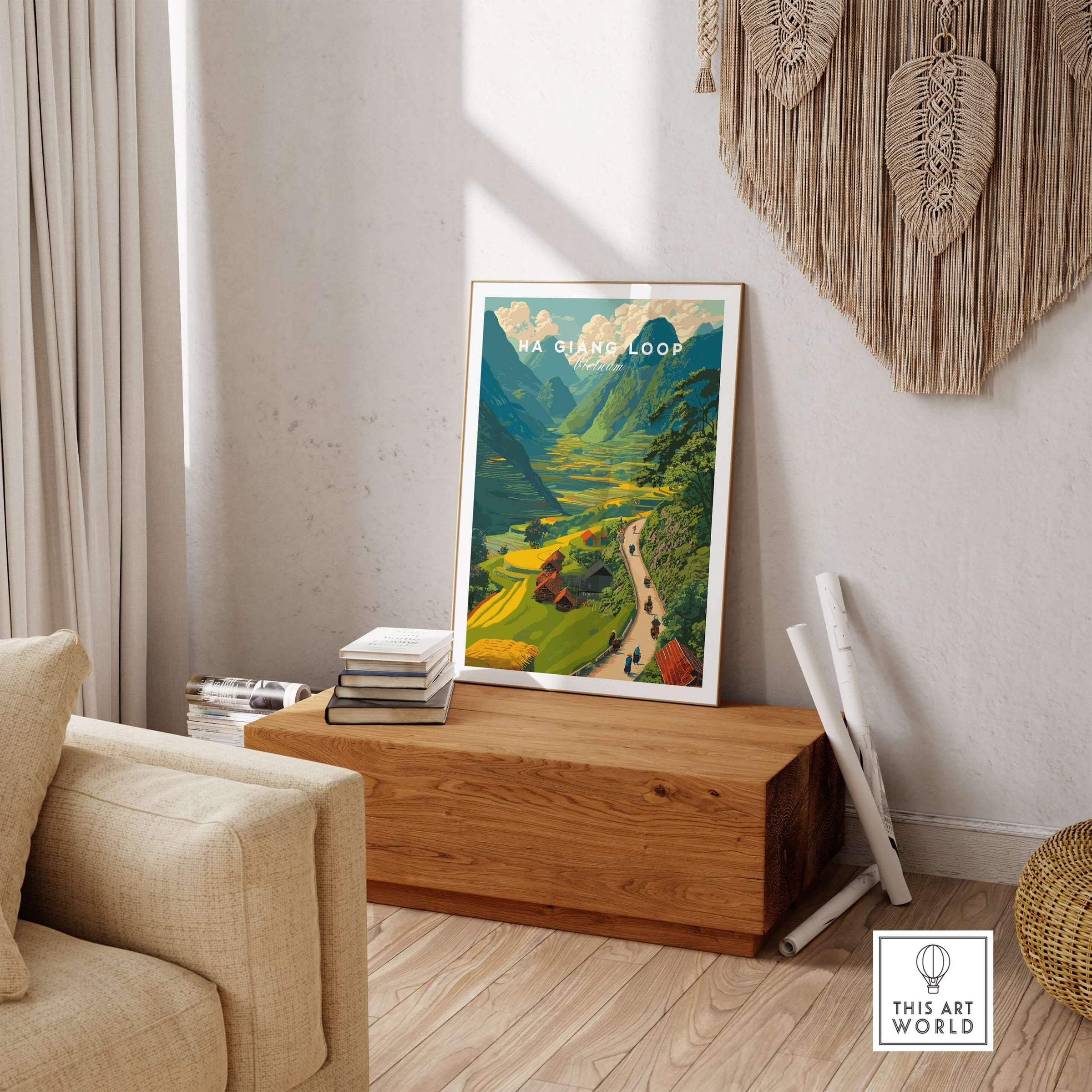 Ha Giang Loop Vietnam Valley Village Travel Print Motorbikes Poster Mountain Scenery in stylish living room decor.