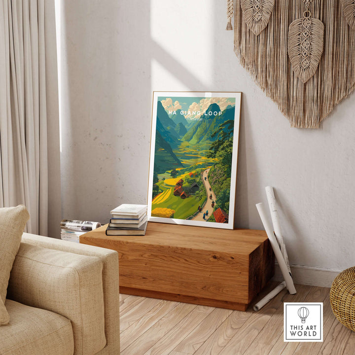 Ha Giang Loop Vietnam travel print featuring motorbikes and lush mountain scenery in a cozy home setting.