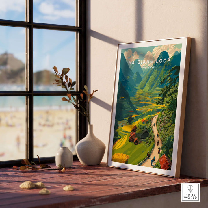 Ha Giang Loop Vietnam travel print poster featuring lush valleys, motorbikes, and mountains in a cozy interior setting.